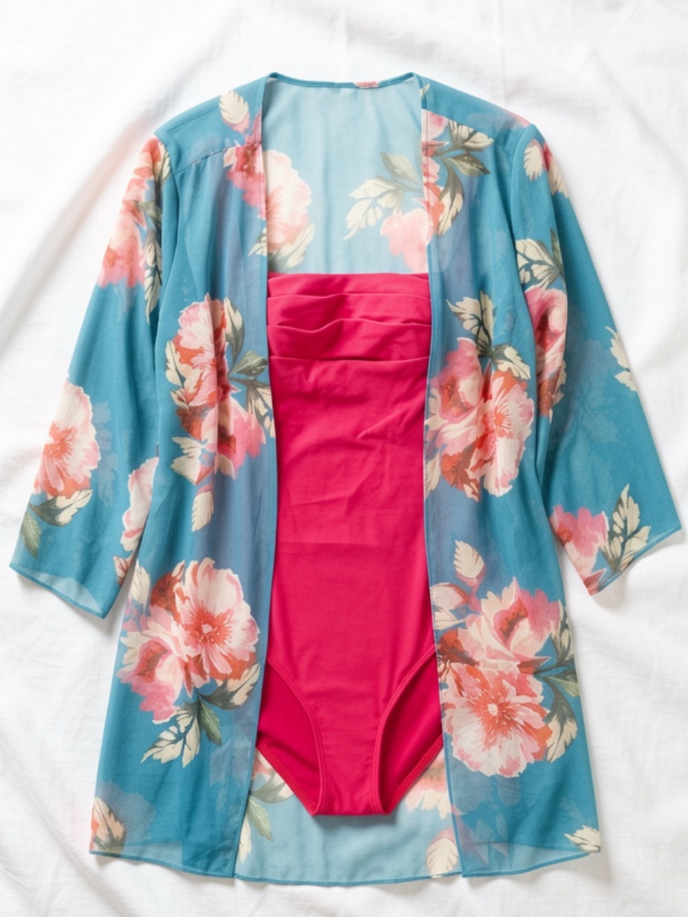 Calvin Klein Hot Pink One Piece Swimwear & Sheer Chiffon Floral Kimono Bundle